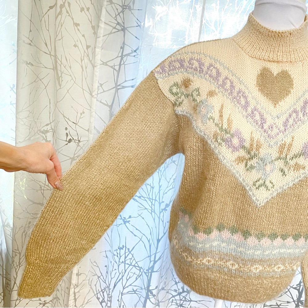Vintage studio Michelle Stuart Brown cream heart flower turtleneck knit sweater - Picture 3 of 10